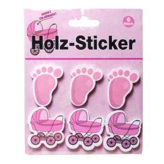 Holz Sticker Zur Geburt / pink, 6-tlg.